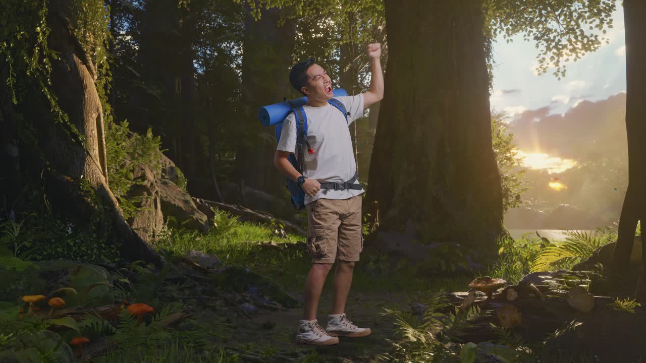 un caminante feliz en un bosque al atardecer