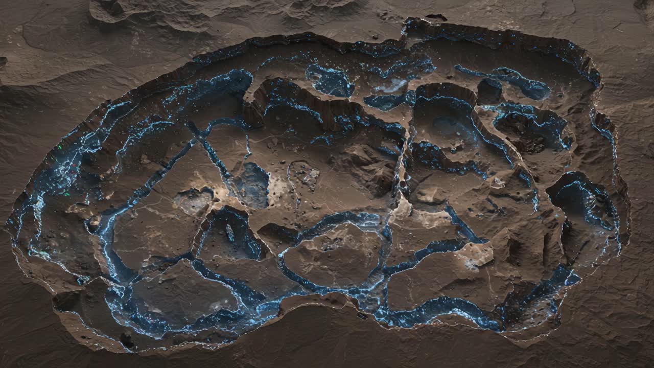 Exploring an Aqueous Terrain: A Captivating Glimpse at the Rocky Landscape with Illuminated Blue Streams and Unique Geological Features