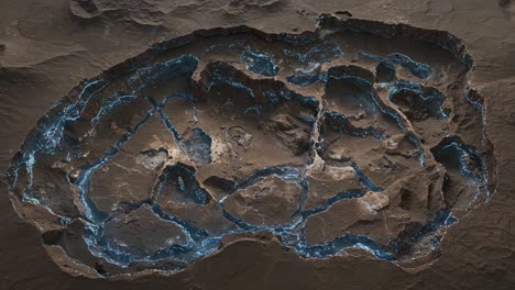 exploring an aqueous terrain: a captivating glimpse at the rocky landscape with illuminated blue streams and unique geological features