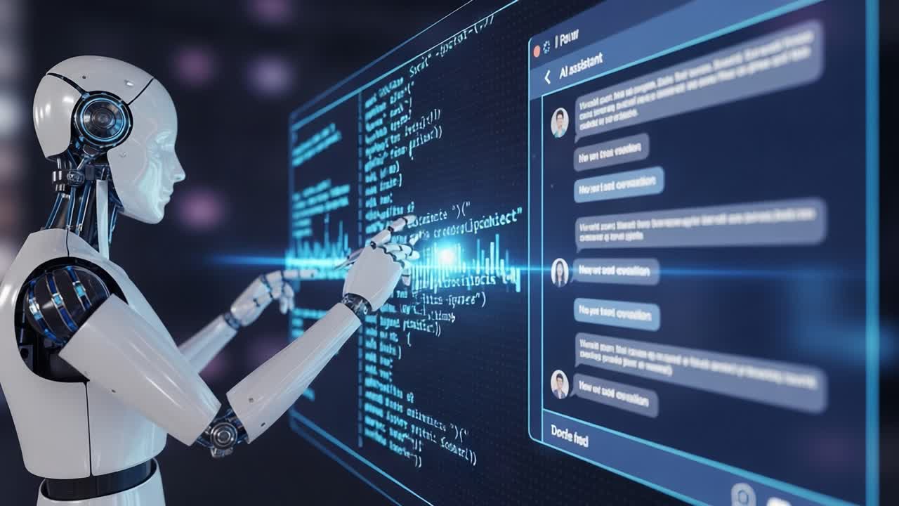 A futuristic humanoid robot interacts with a digital interface while analyzing data through code and chat, showcasing advanced AI technology and communication capabilities