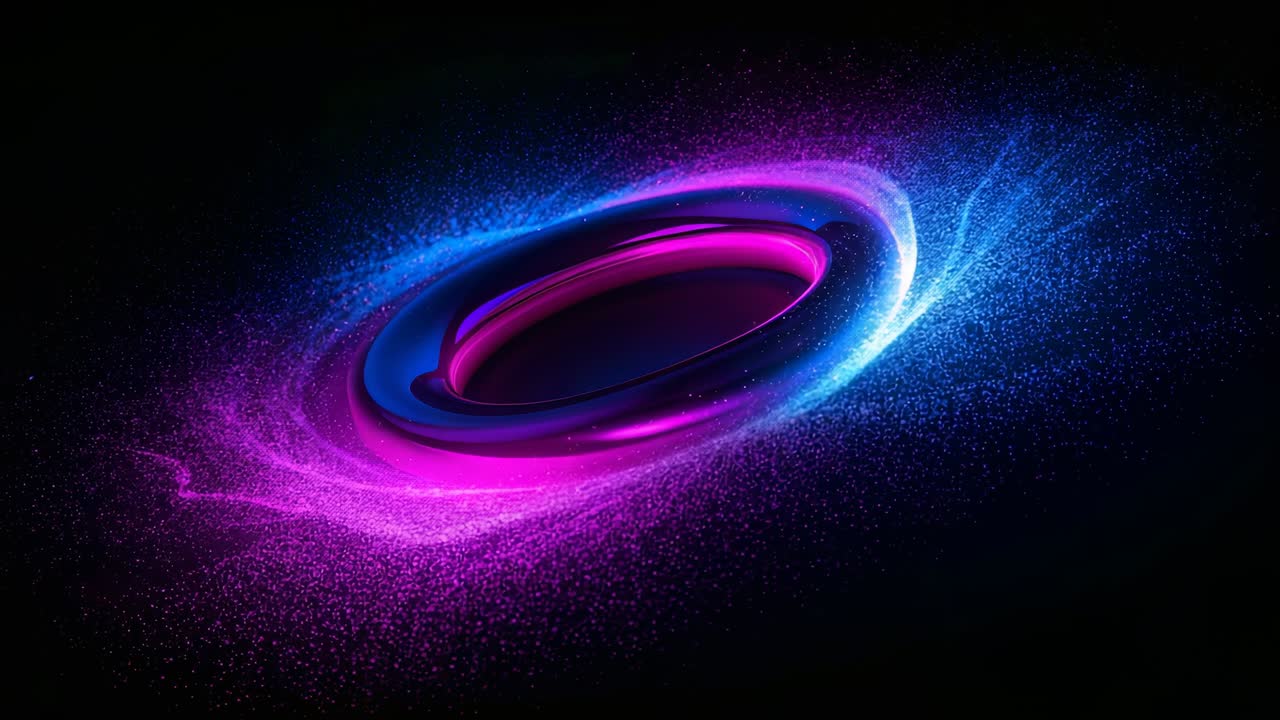 Starting from faint halo, glowing torus vortex forming in void, magenta and cyan particles swirling