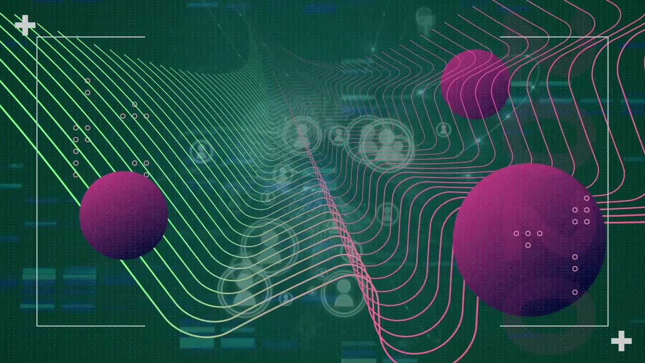 Animation of purple circles, abstract net, profile icons on digital interface