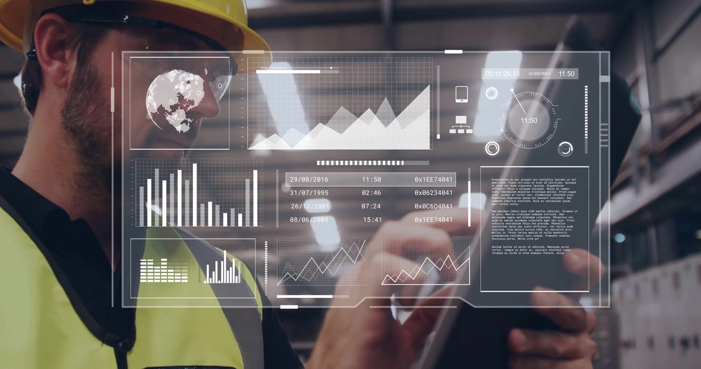 Raising tablet forward, man in yellow hard hat, vest tapping screen in warehouse, checking overlay