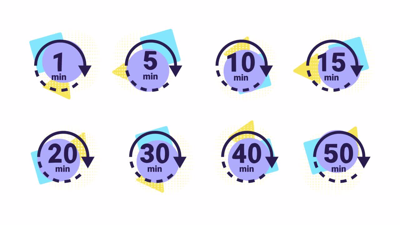 Time banner animation. Abstract motion graphics template showing minutes. timer, countdown.1 min, 5, 10, 15, 20, 30, 40, 50 minutes labels. Animated Icons set. Motion design cartoon style