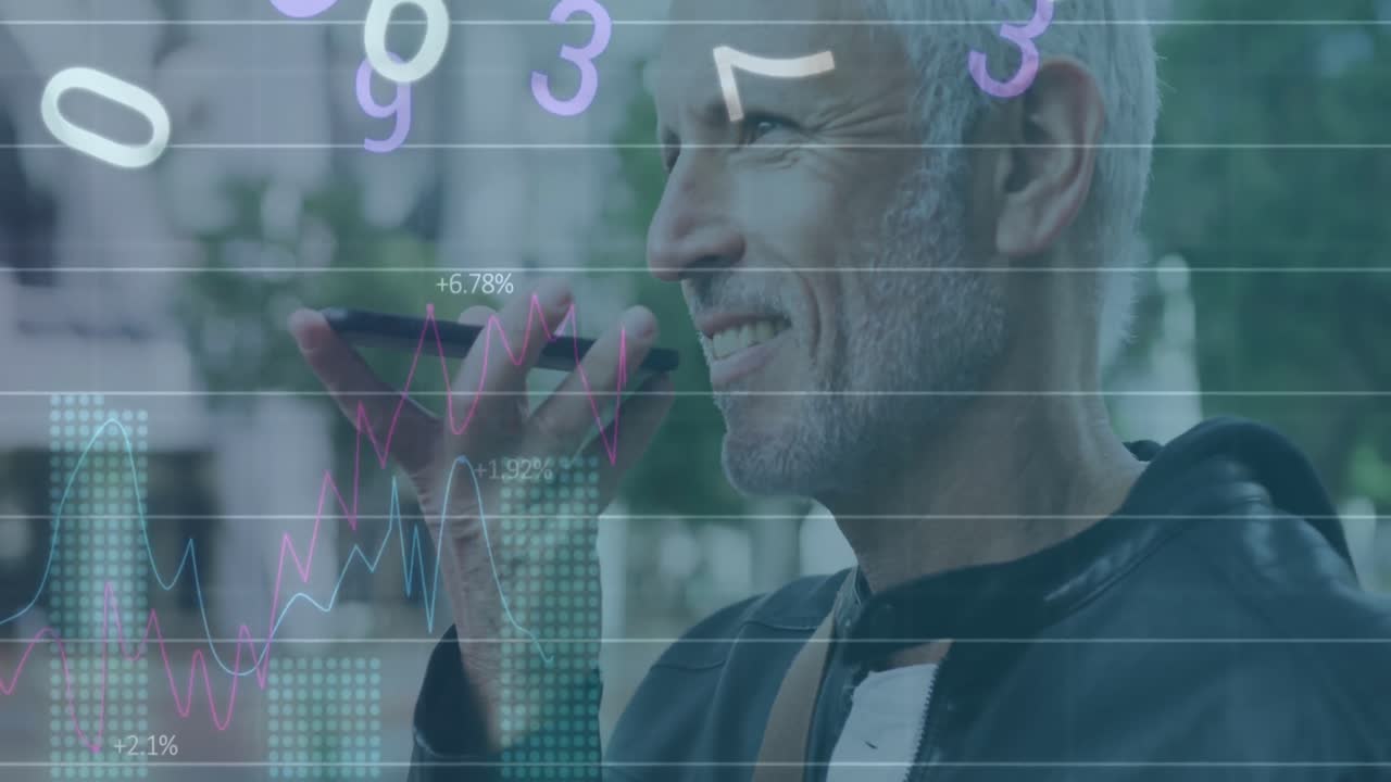 Animation of graphs, letters and numbers, senior caucasian man talking on speaker of cellphone