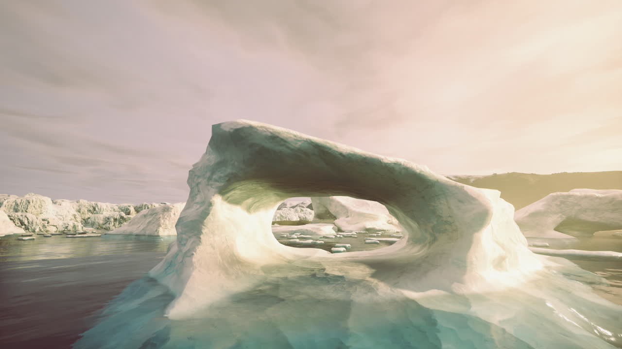 Ice arch formation glowing under sunlight in a serene polar landscape
