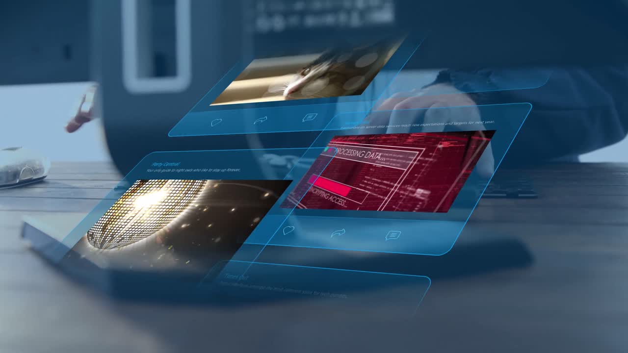 анимация постов в социальных сетях над руками, набирающими ключевое слово.