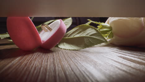 caja con anillo y rosa caen al suelo contra la pareja