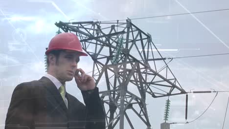 animation of male engineer using smartphone, networks of connections over electricity pylons