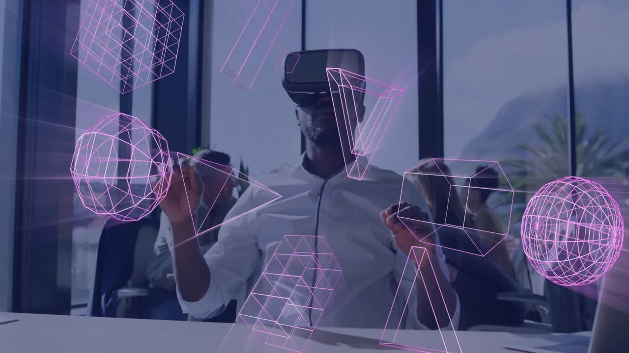 Animation of glowing 3d shapes of data transfer over african american man in vr headset