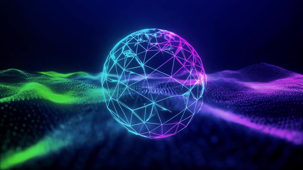 Glowing Digital Wireframe Sphere Floating Above Abstract Particle Waves