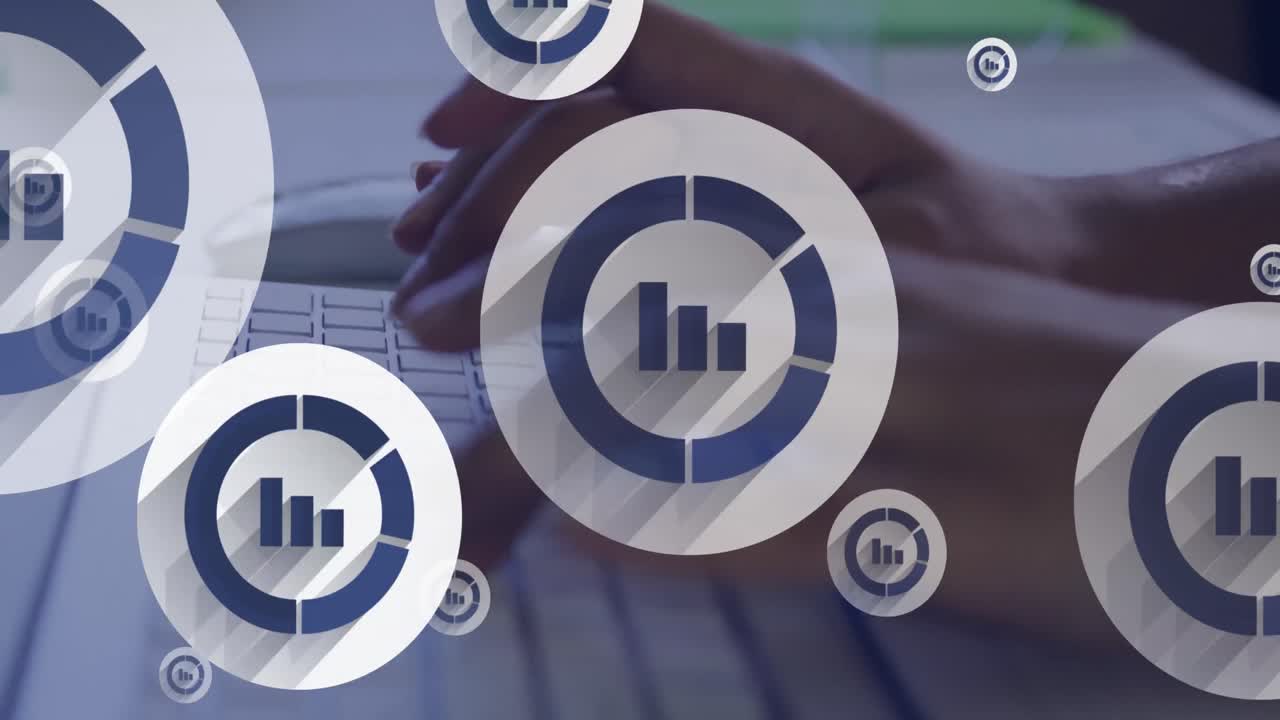 Animation of icons and data processing over biracial woman typing