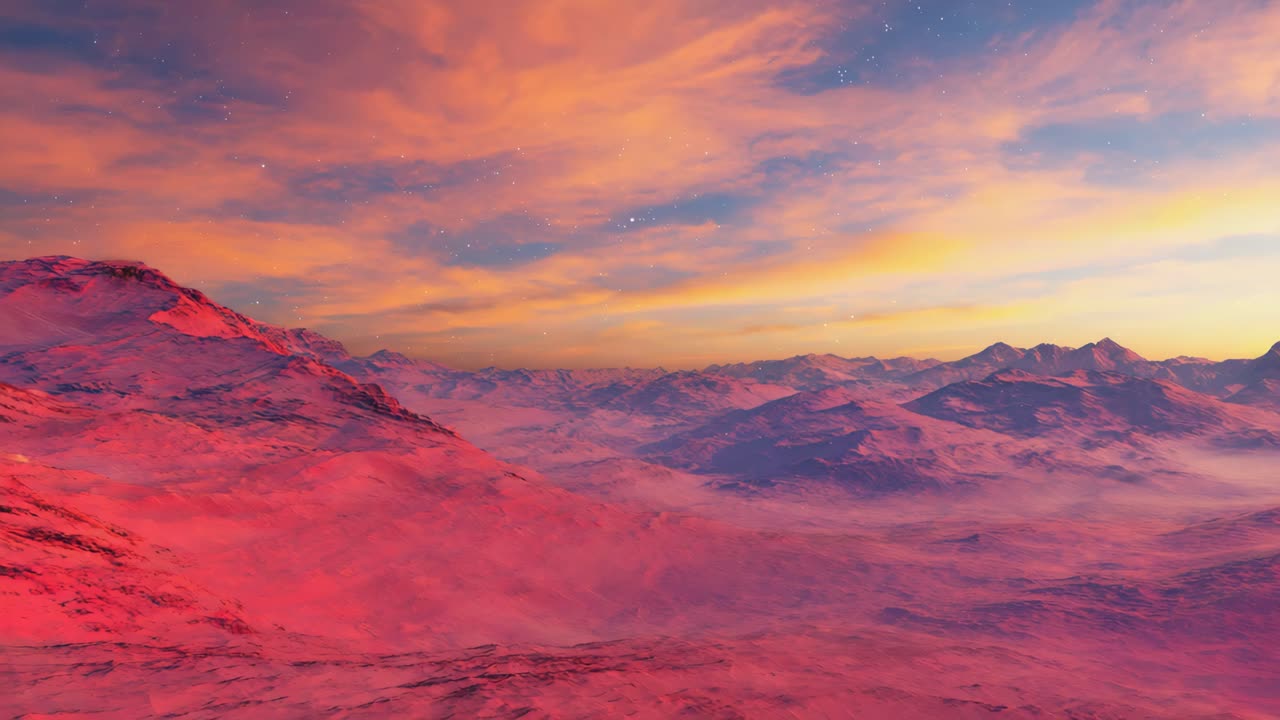 Vibrant Alien Landscape with Pink Mountains and Starry Sky