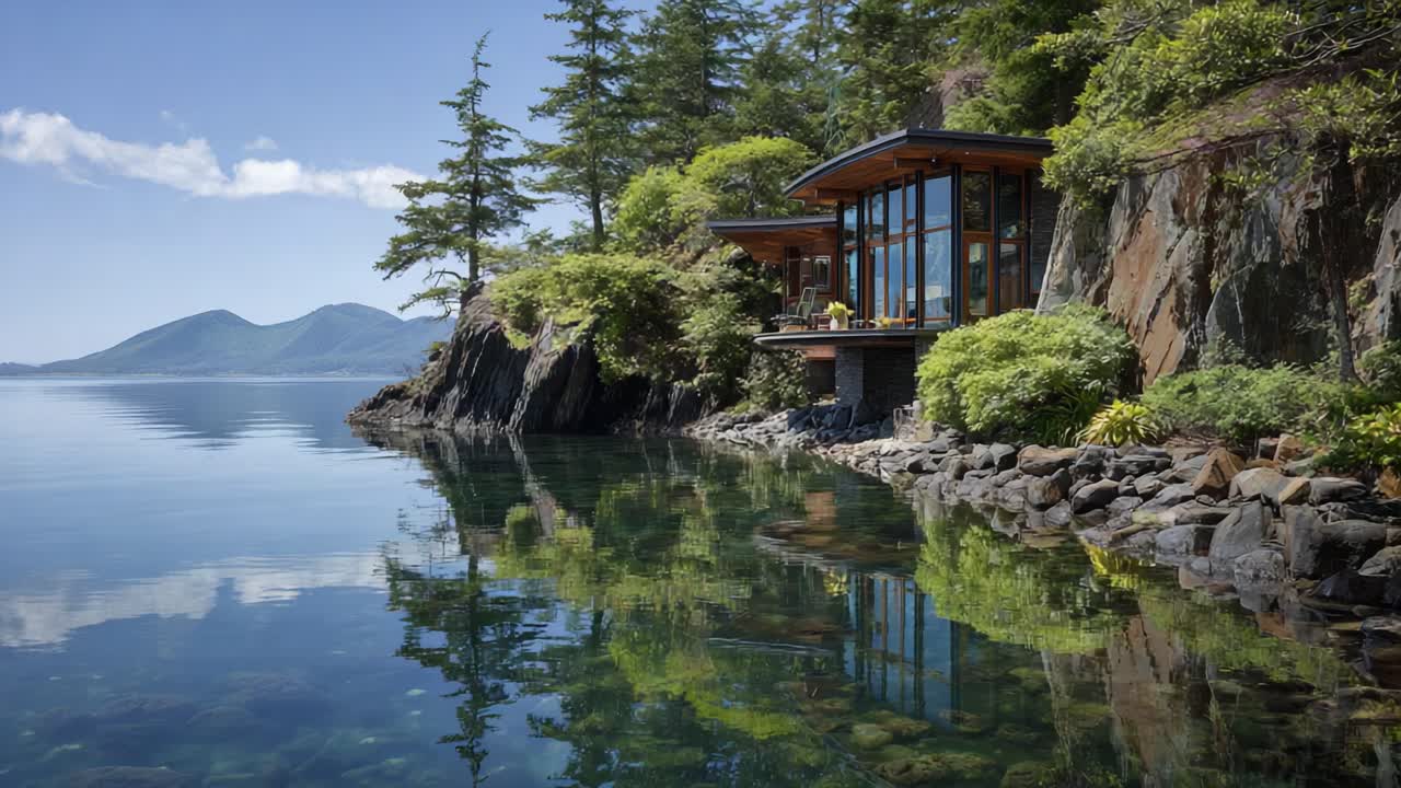 Captivating Lakeside Retreat: A Stunning Modern Home Marvelously Integrated into Nature's Serene Landscape Overlooking Calm Waters and Majestic Mountains