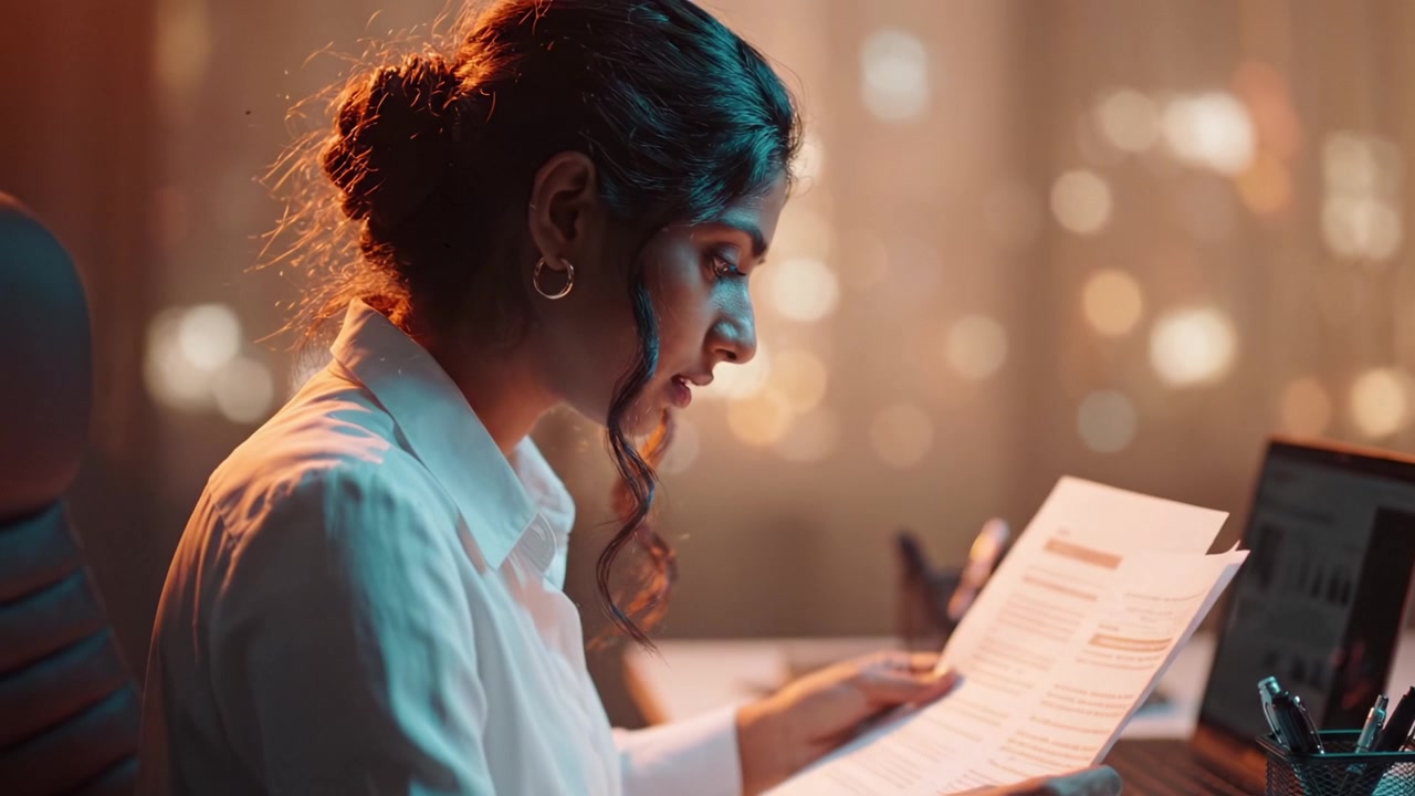 A Focused Individual Analyzing Documents While Seated at a Desk in a Dimly Lit Room, Surrounded by the Warm Glow of City Lights Outside the Window