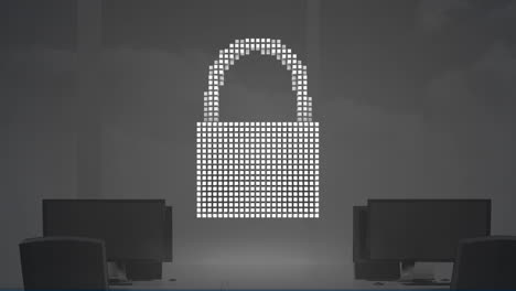 animación de candado digital y nube sobre computadoras en la oficina
