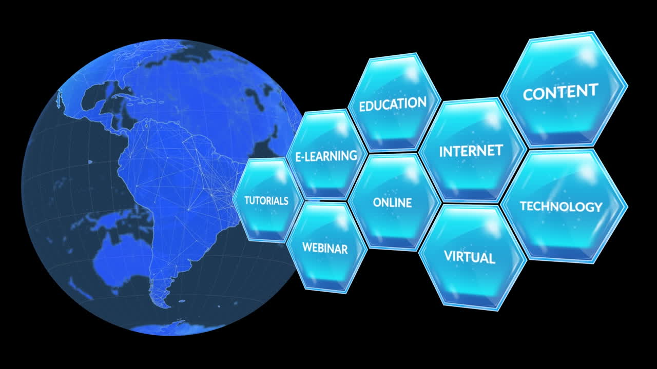 교육 및 학습 텍스트의 애니메이션은 블루 사각형에서 검은 바탕에 지구를 통해
