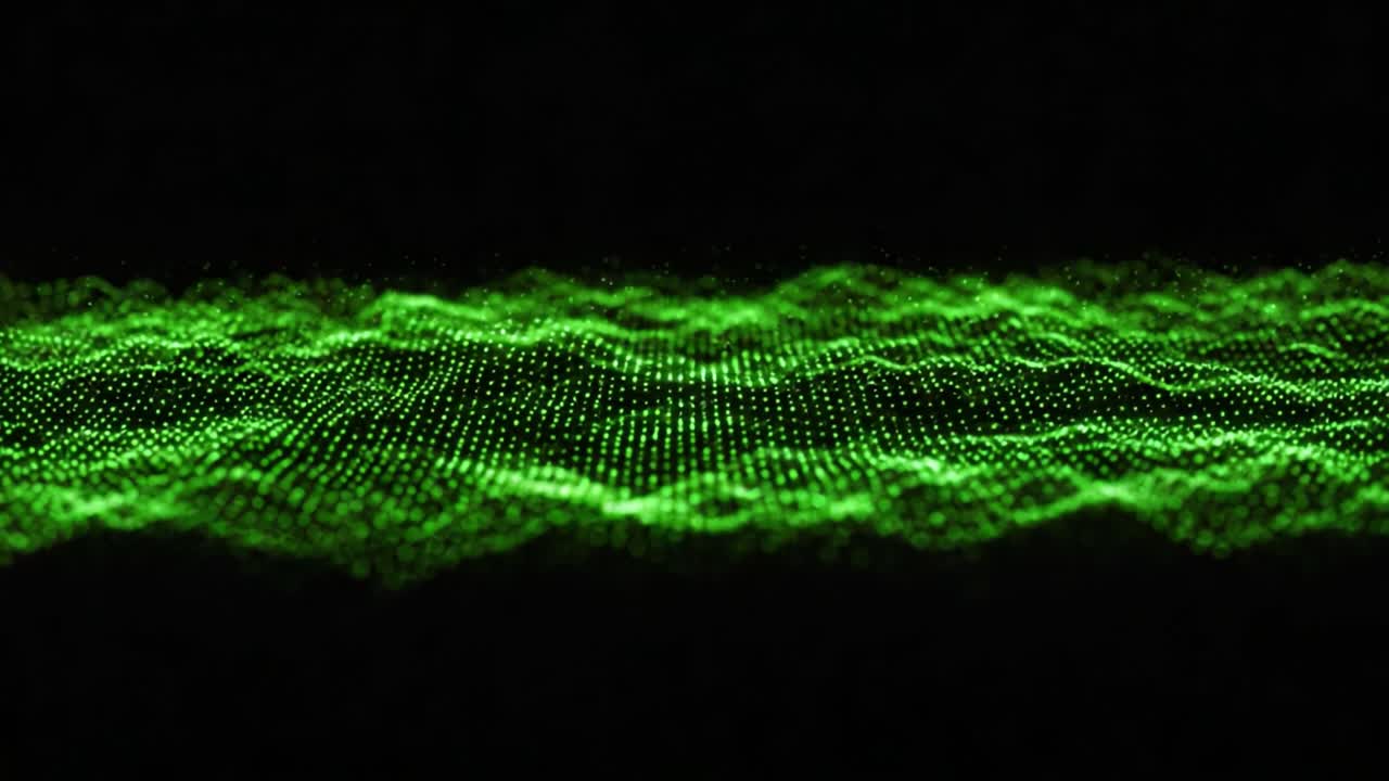 Dynamic Waves of Green Light Representing Sound or Data Visualization in a Dark Background, Capturing the Flow and Motion of Vibrant Particles
