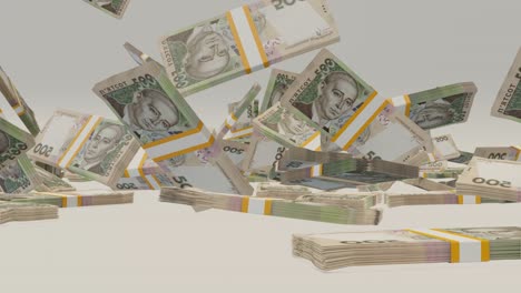 many wads of money falling on table. 500 ukrainian hryvnia banknotes. stacks of money.