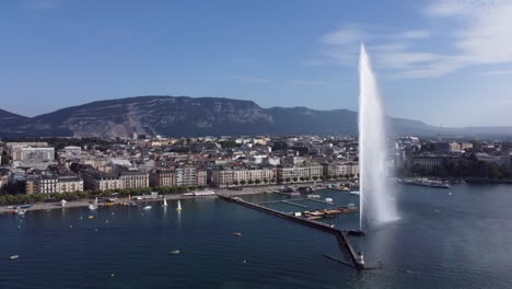 lake geneva with water fountain and swimming area, aerial pullback