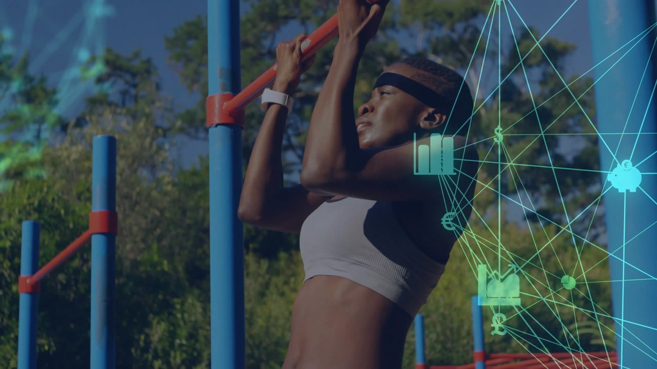 Woman gripping horizontal bar and pulling up in park, overlay intensifying tracking fitness data