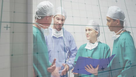 surgical team conducting briefing in hospital prep, showing grid overlay and patient chart folder