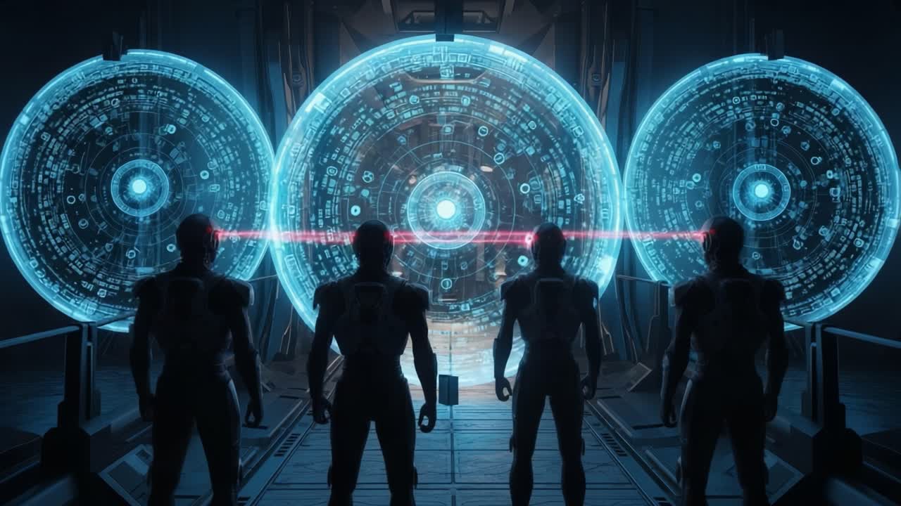 In a futuristic setting, four humanoid figures stand before three illuminated holographic interfaces, highlighting advanced technology and mysterious data streams.