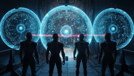 in a futuristic setting, four humanoid figures stand before three illuminated holographic interfaces, highlighting advanced technology and mysterious data streams.