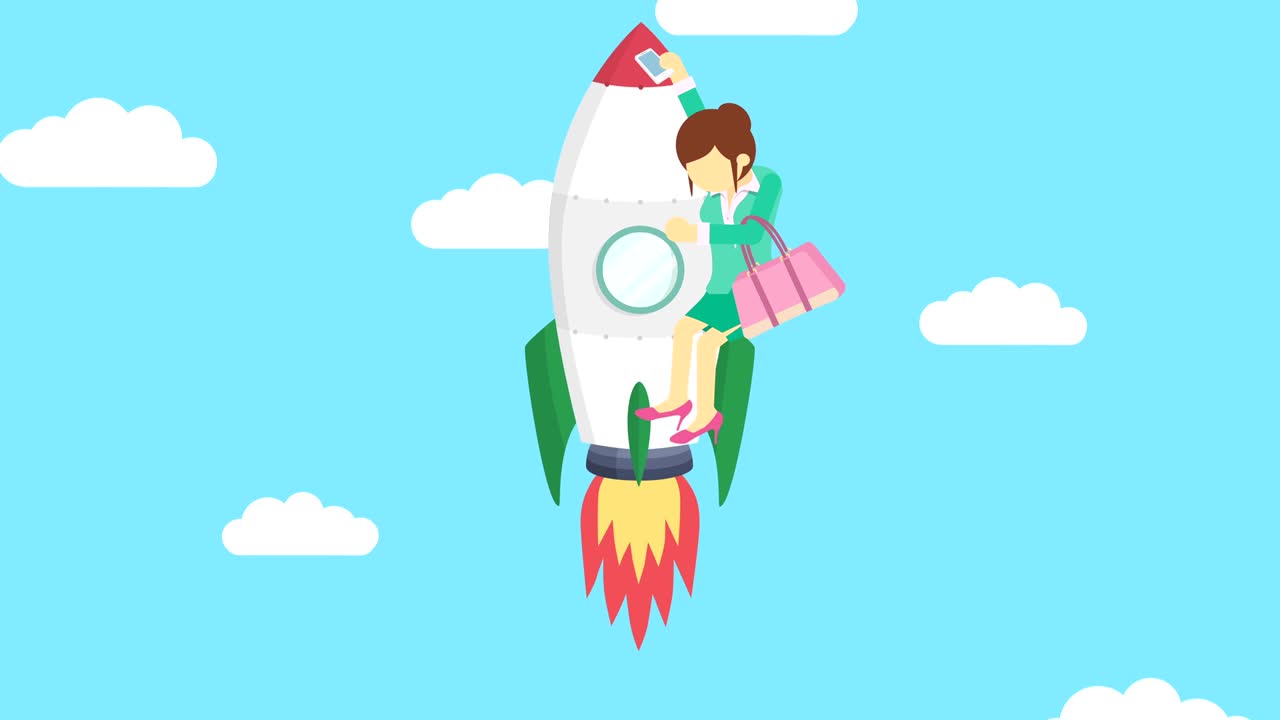 ロケットに乗って青い空を飛ぶビジネス女性 - レップコンセプト - フラットスタイルのループイラスト