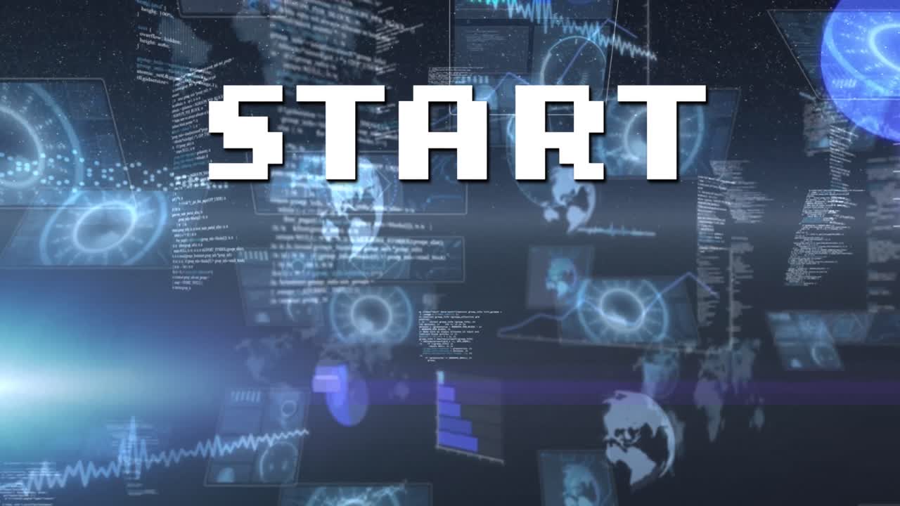 Animation of start text over scope scanning and data processing