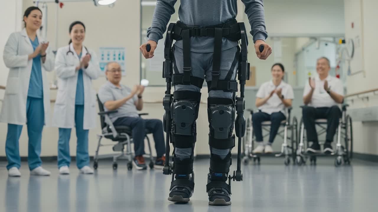 Assistive Technology in Action: A Patient Walks with the Help of Exoskeleton During Rehabilitation, Cheered On by Medical Professionals and Fellow Patients