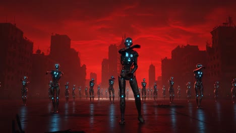 a chilling glimpse into a futuristic world overrun by robots: a post-apocalyptic scene setting with eerie red skies and a host of mechanized beings in dilapidated urban landscapes