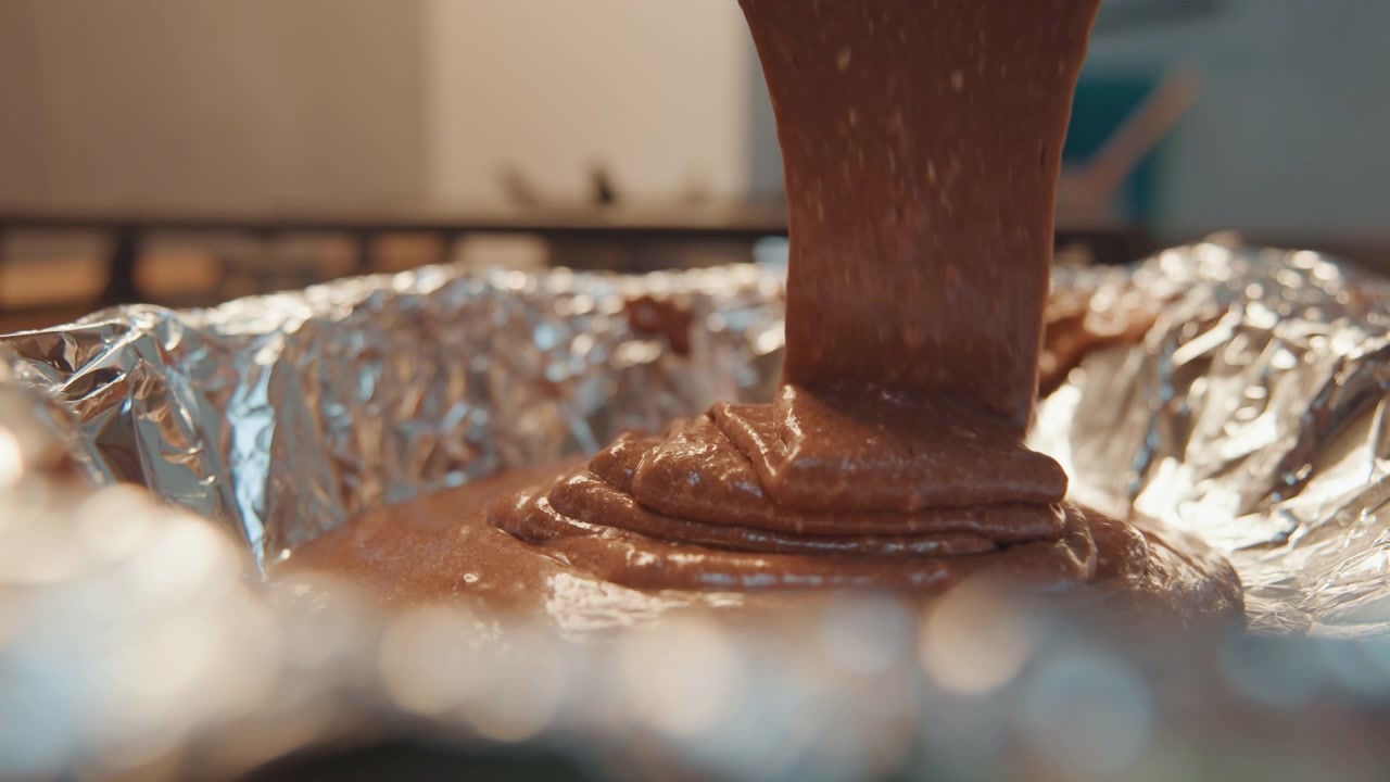 Flusso a bassa angolazione di pastella al cioccolato che si versa in una teglia foderata di alluminio, un nastro costante di composto denso che forma strati concentrici, l'atmosfera calda della cucina che enfatizza la consistenza al rallentatore e il rituale accogliente della preparazione.