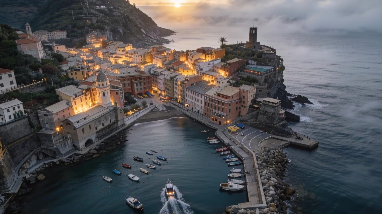Avviando il motore, piccola barca a motore che lascia il porto riparato all'alba, creando una scia verso il mare aperto