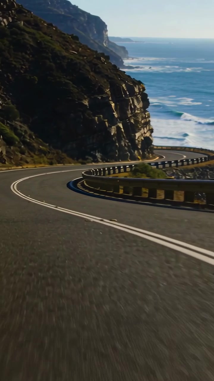 Video verticale: Entrando in curva, dashcam che riprende una strada curva con linea bianca, con il mare visibile sotto una sporgenza.