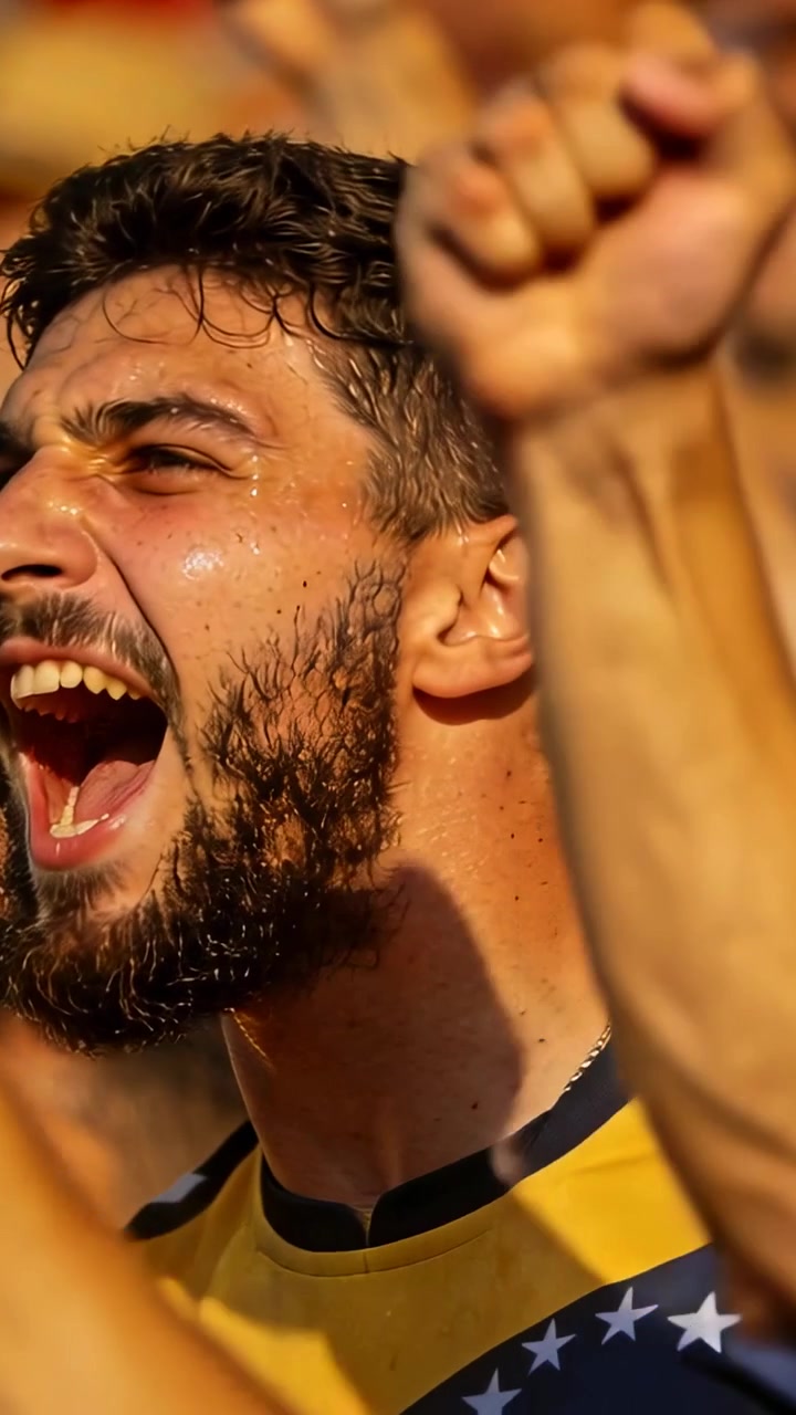 Vertical video: Shouting male fan reacting to off-frame play in stands, in yellow jersey gold chain