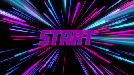 Animation-of-start-text-over-neon-light-trails-on-black-background