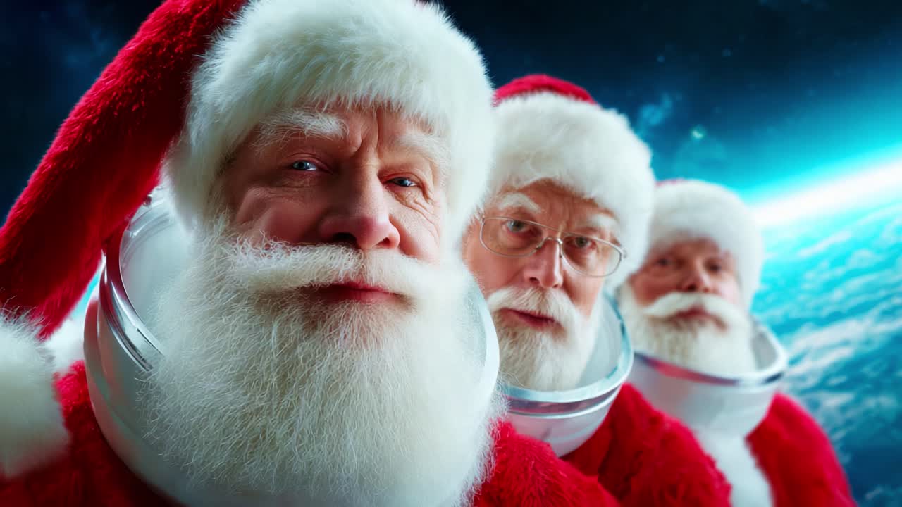 A festive portrayal of three Santa figures dressed in bright red suits and white fur, equipped with futuristic space helmets, floating majestically against the backdrop of outer space and a vibrant planet below, embodying a whimsical cosmic holiday spirit