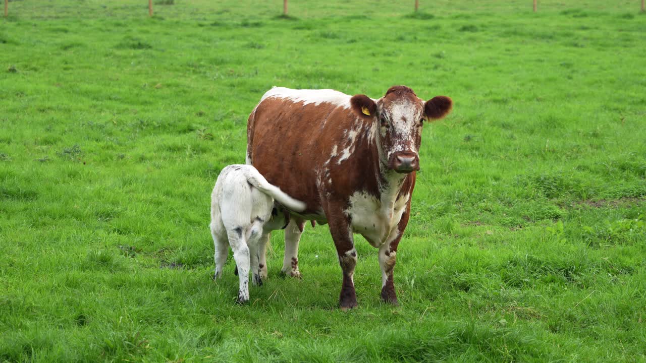 vaca marrón amamantando un becerro blanco en un campo de hierba verde, en inglaterra