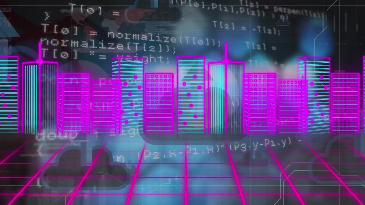 animación de un modelo de ciudad 3d e iconos de nubes flotando sobre el procesamiento de datos contra un fondo azul