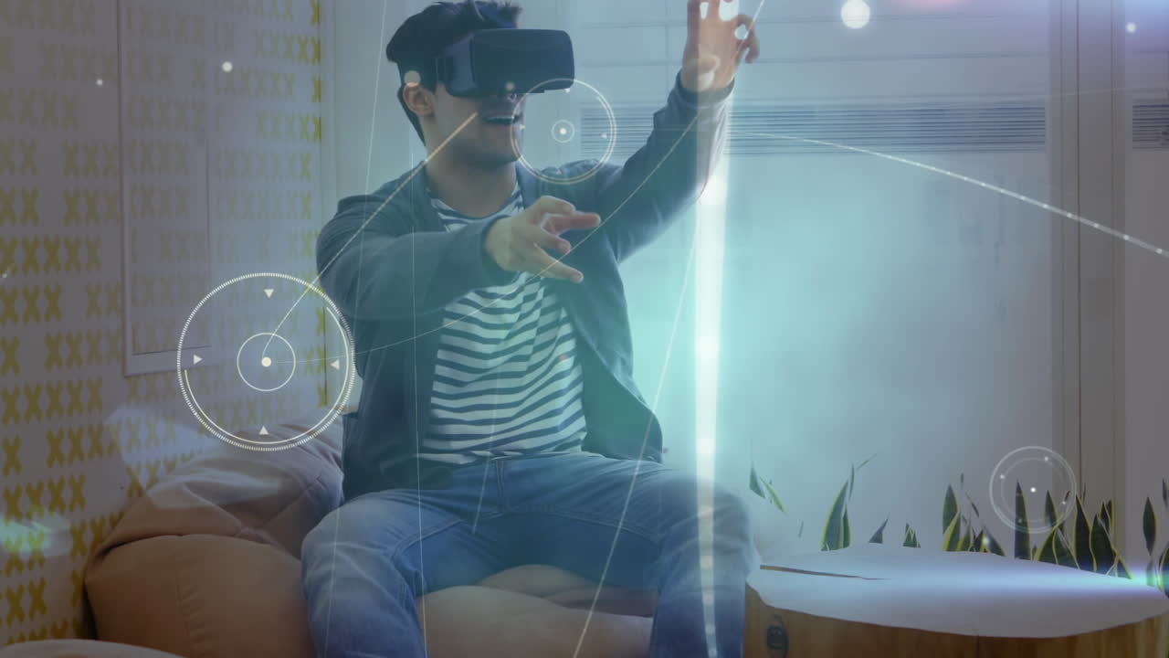 animación de la red de conexiones sobre el hombre de negocios que usa auriculares vr