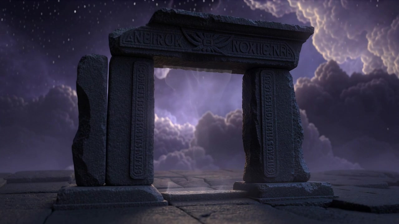 Antico arco in pietra con nebbia eterea sotto un cielo notturno tempestoso
