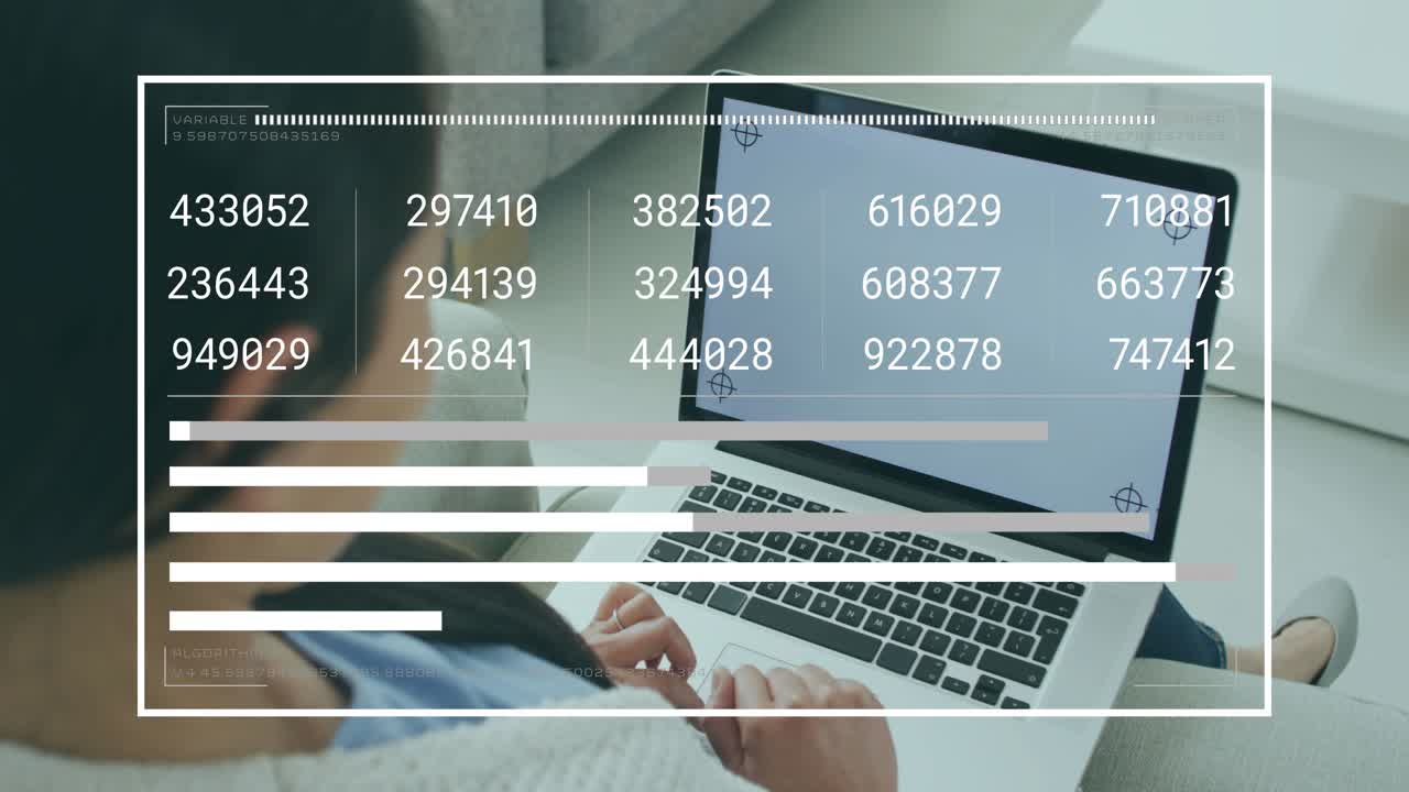 Woman typing on laptop and activating animated data grid and progress bars for tracking analytics