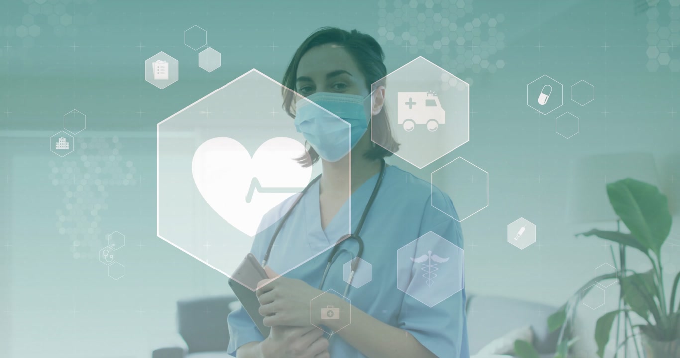 Female nurse holding file and stethoscope, facing camera initiating pulsing health icons for care