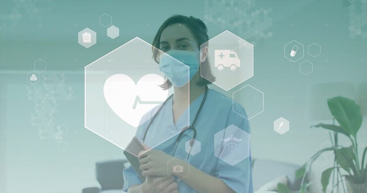 Female nurse holding file and stethoscope, facing camera initiating pulsing health icons for care