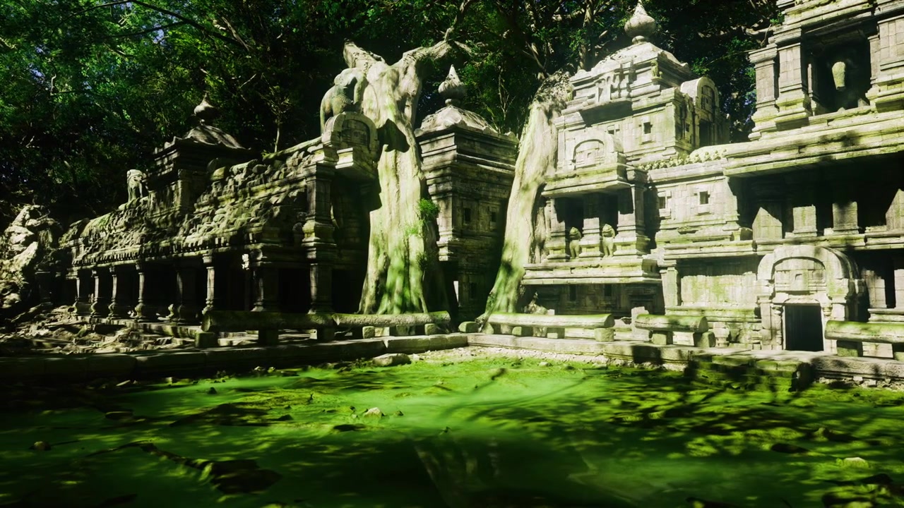 Overgrown temple facade with emerald floor hidden grotto feel