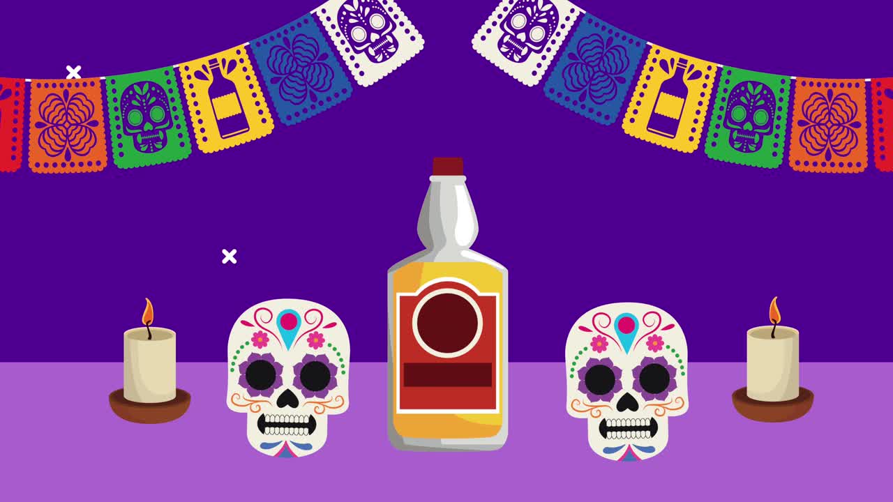 celebrazione del dia de los muertos con teschi e tequila