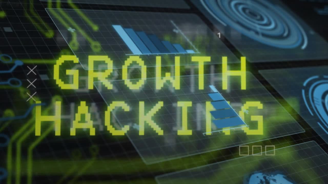 Paneler forblir tomme på et rutenett med falmende kretser, som viser diagramtyping og korrigerer teksten "GROWTH HACKING"