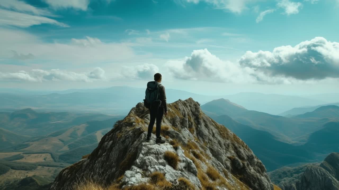 Hiker standing on top of a mountain enjoying the inspiring view of mountain range and valley on a beautiful sunny day with blue sky and white clouds