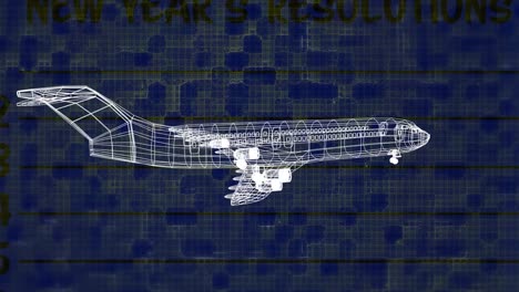 Animation-of-3d-airplane-model-spinning-over-text-on-blue-background